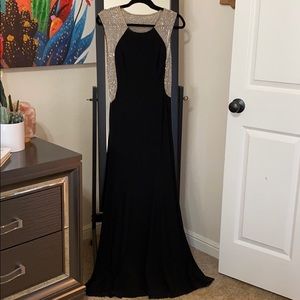 Full length black and beige beaded dress